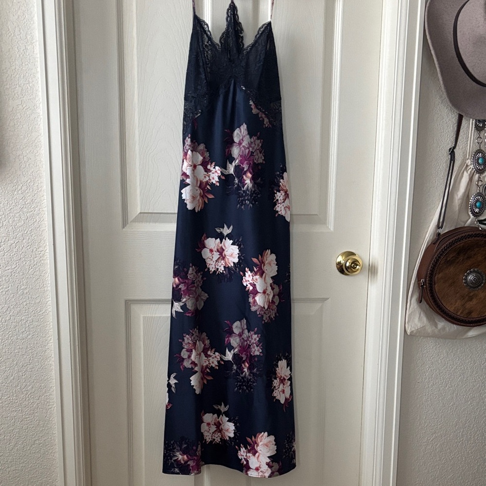 INC International Concepts Satin Navy and Pink Floral Chemise